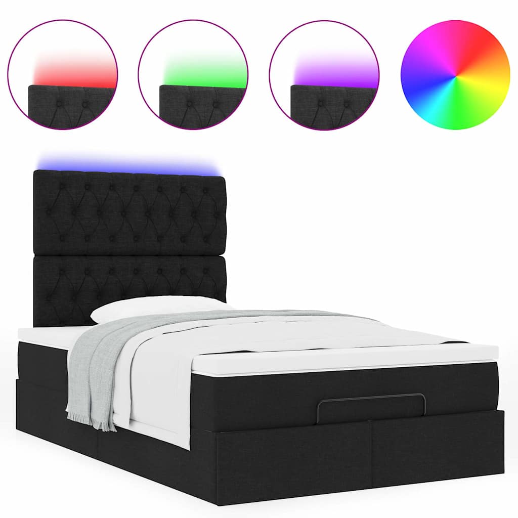 vidaXL Οθωμανικό κρεβάτι με στρώμα & LEDs Μαύρο 120x200 cm Ύφασμα
