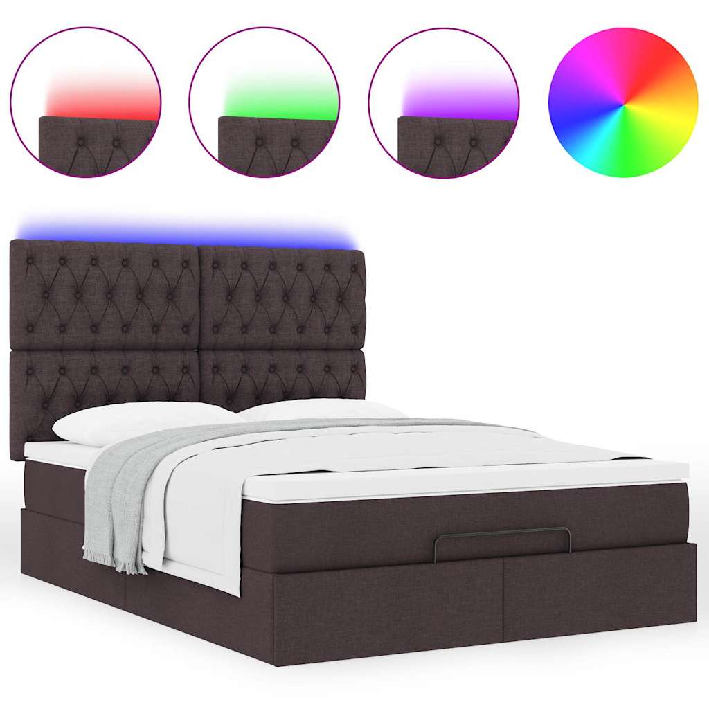 vidaXL Οθωμανικό κρεβάτι με στρώμα & LEDs Σκούρο καφέ 140x200cm ύφασμα