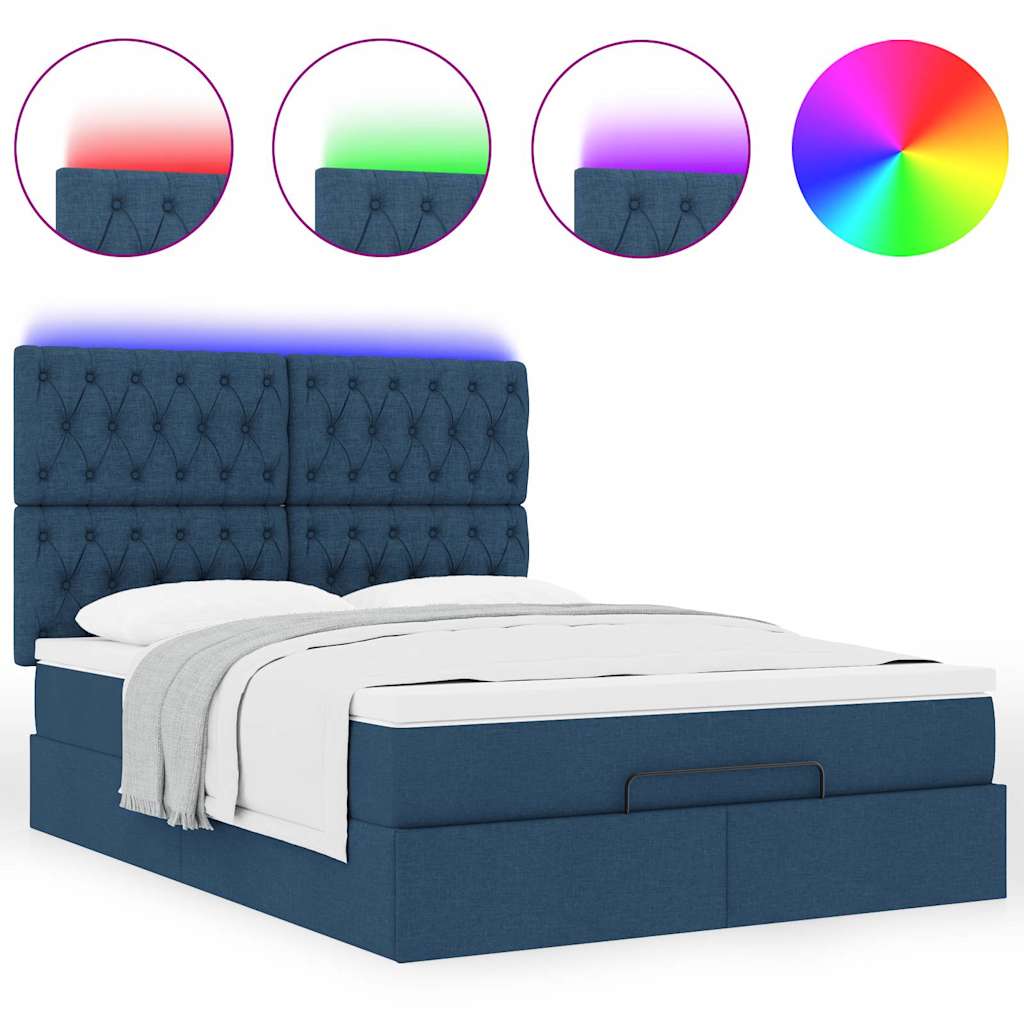 vidaXL Οθωμανικό κρεβάτι με στρώμα & LEDs Μπλε 140x200cm ύφασμα