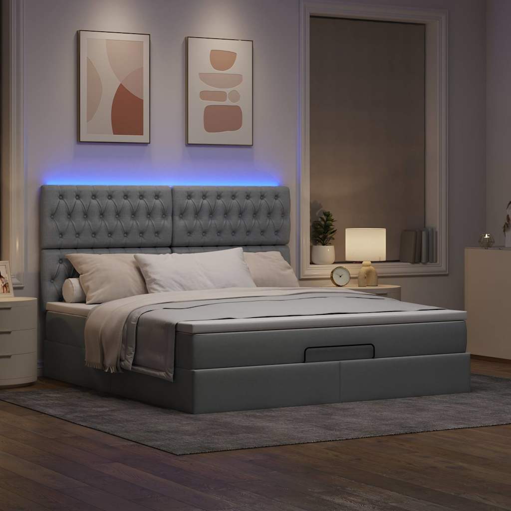 vidaXL Οθωμανικό κρεβάτι με στρώμα&LEDs Ανοιχτό γκρι 180x200cm ύφασμα