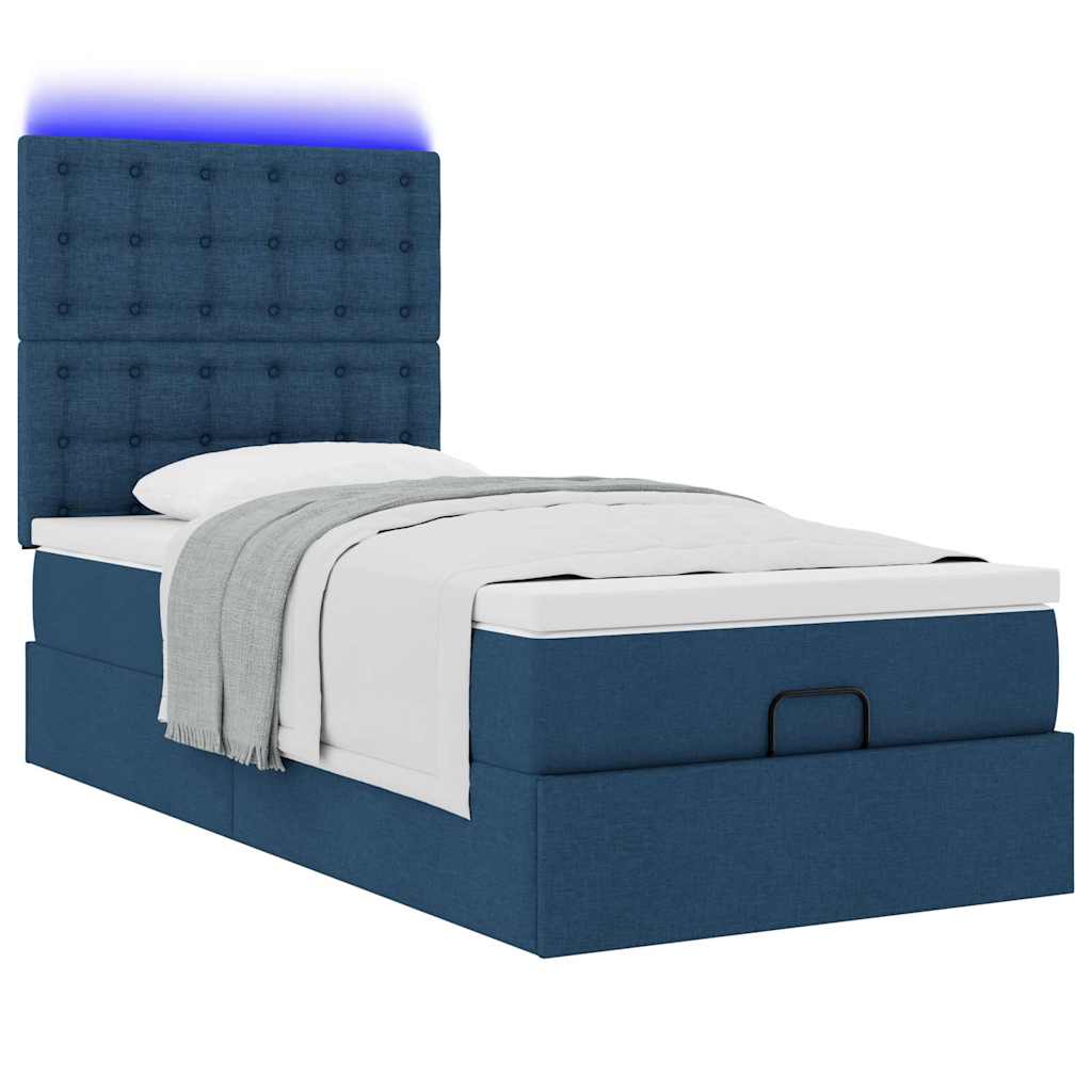 vidaXL Οθωμανικό κρεβάτι με στρώμα & LEDs Μπλε 90x190cm ύφασμα