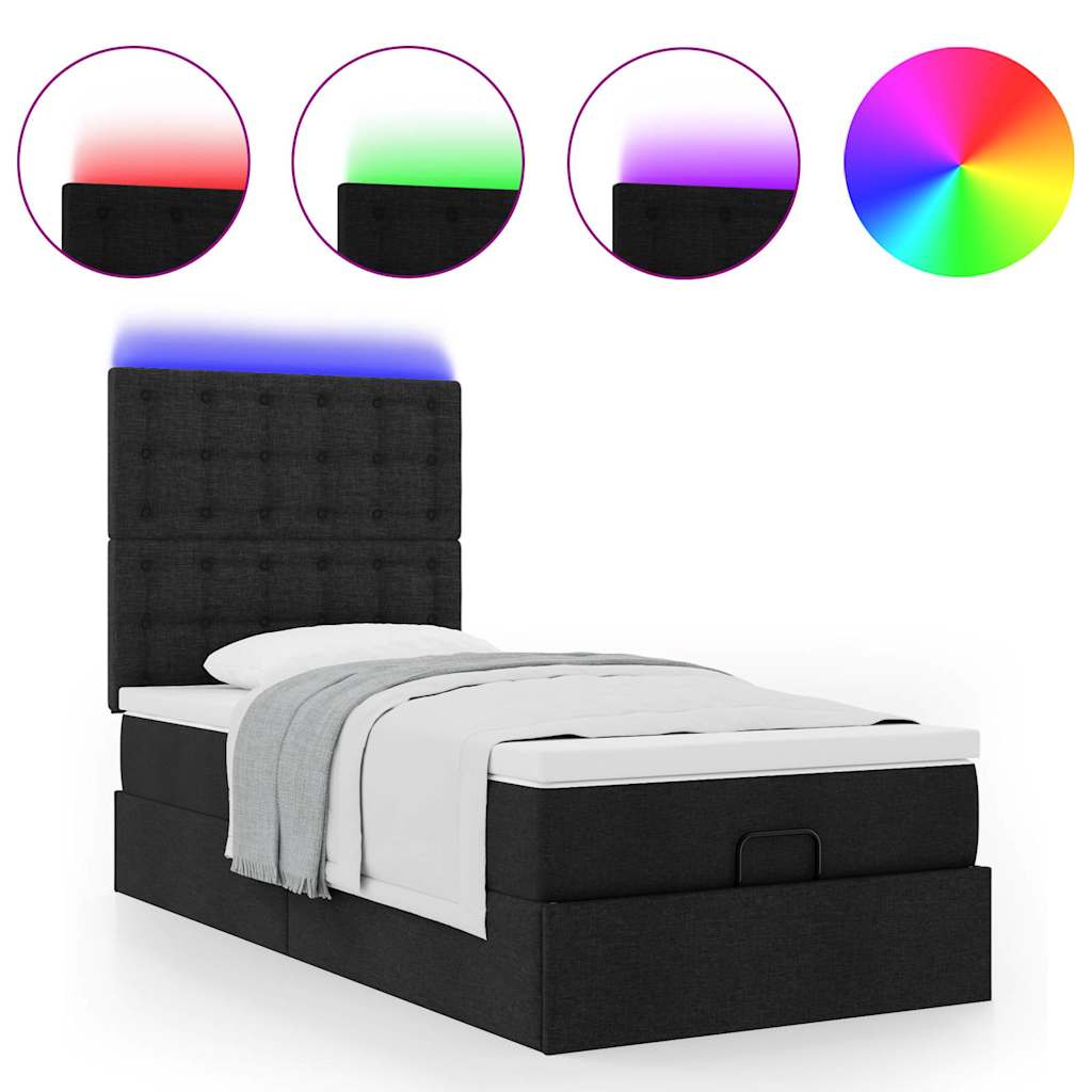 vidaXL Οθωμανικό κρεβάτι με στρώμα & LEDs Μαύρο 90x200 cm Ύφασμα