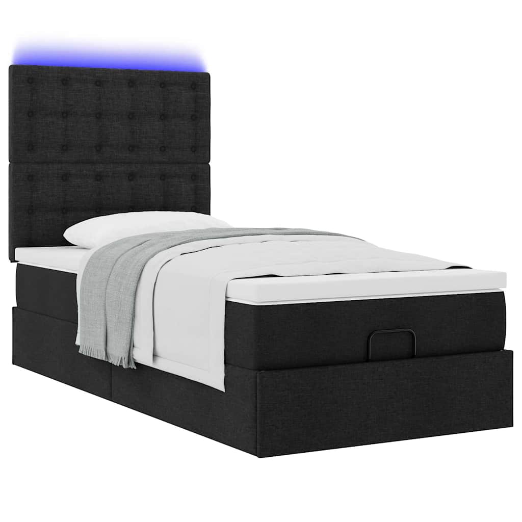 vidaXL Οθωμανικό κρεβάτι με στρώμα & LEDs Μαύρο 90x200 cm Ύφασμα