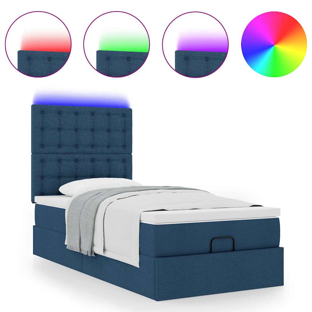 vidaXL Οθωμανικό κρεβάτι με στρώμα & LEDs Μπλε 90x200 cm Ύφασμα