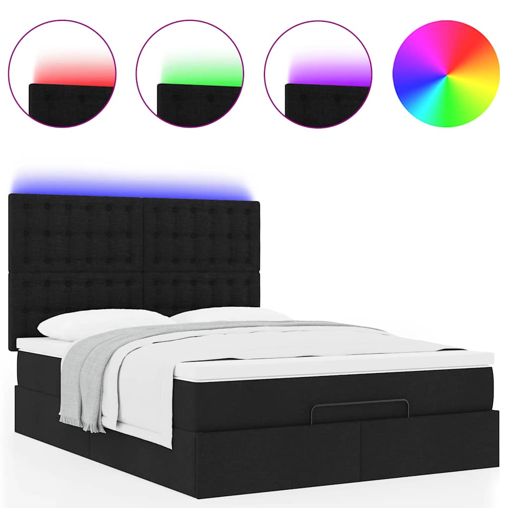 vidaXL Οθωμανικό κρεβάτι με στρώμα & LEDs Μαύρο 140x190 cm Ύφασμα