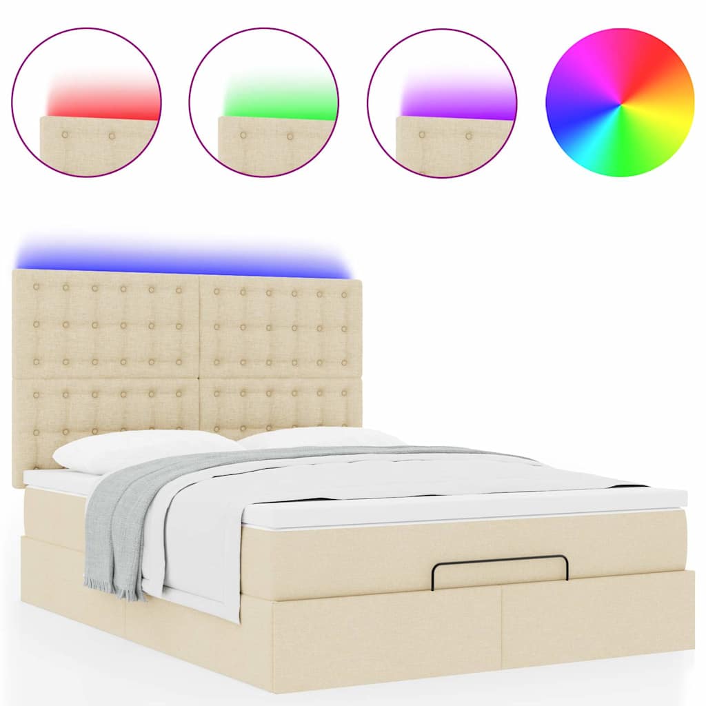 vidaXL Οθωμανικό κρεβάτι με στρώμα & LEDs Cream 140x190cm Ύφασμα