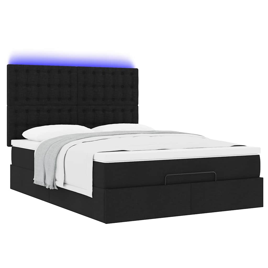 vidaXL Οθωμανικό κρεβάτι με στρώμα & LEDs Μαύρο 140x200 cm Ύφασμα