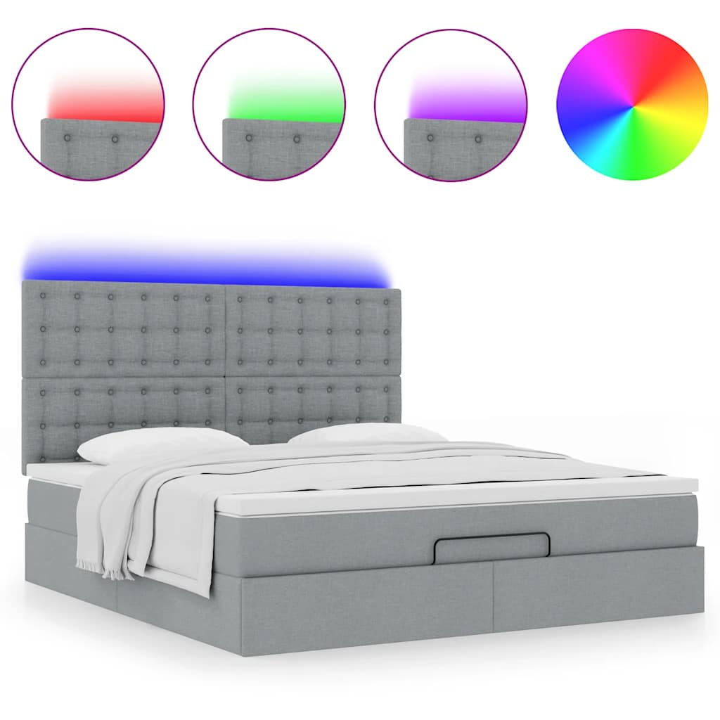 vidaXL Οθωμανικό κρεβάτι με στρώμα&LEDs Ανοιχτό γκρι 180x200cm ύφασμα