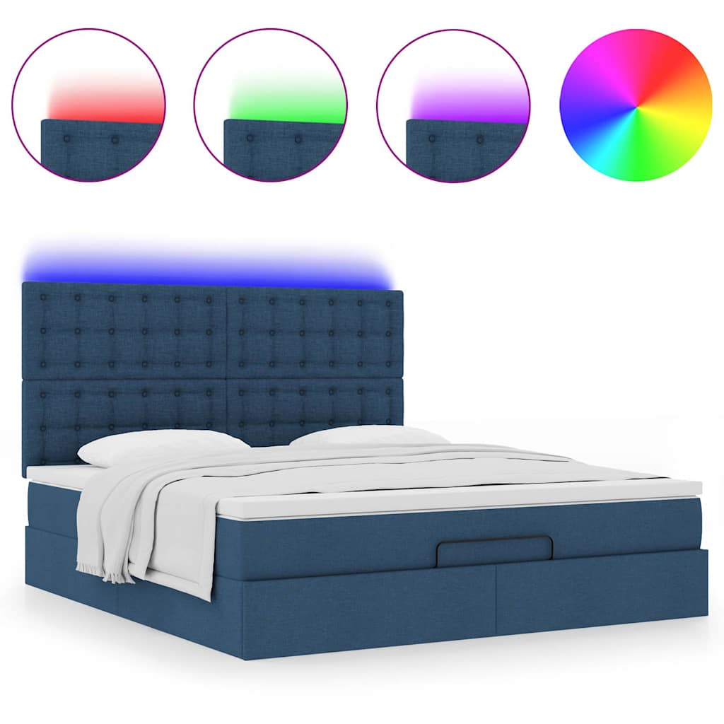 vidaXL Οθωμανικό κρεβάτι με στρώμα & LEDs Μπλε 180x200cm ύφασμα