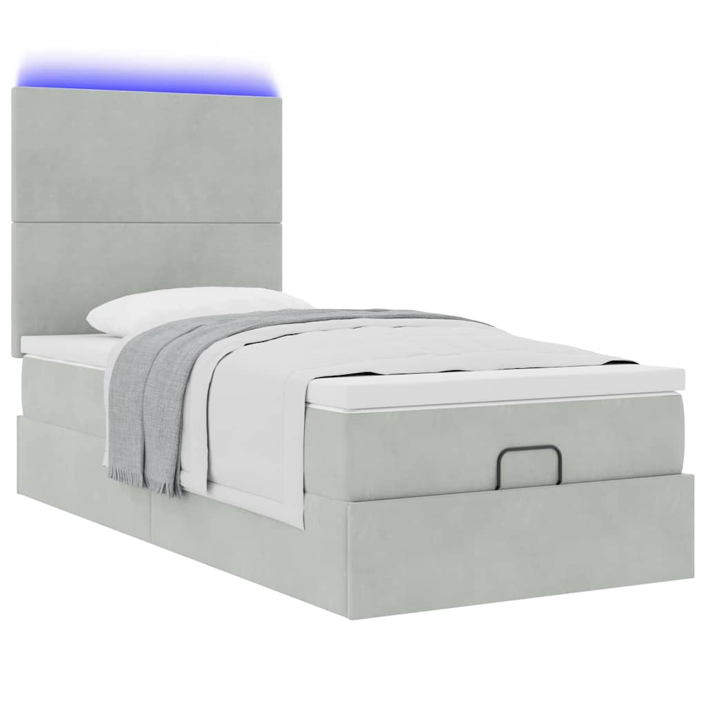 vidaXL Οθωμανικό κρεβάτι με στρώματα & LEDs Ανοιχτό γκρι Βελούδο