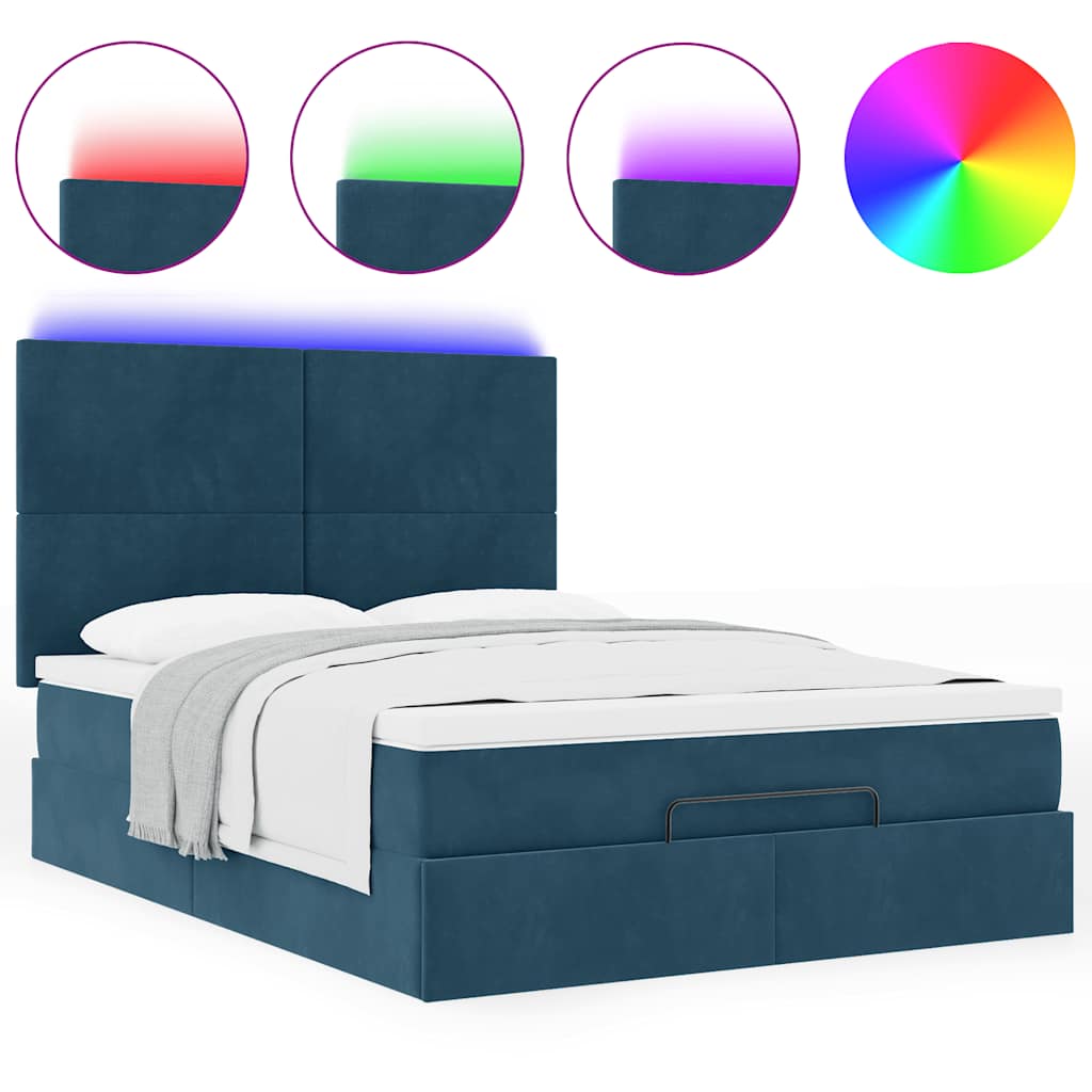 vidaXL Οθωμανικό κρεβάτι με στρώματα & LEDs Σκούρο μπλε Βελούδο
