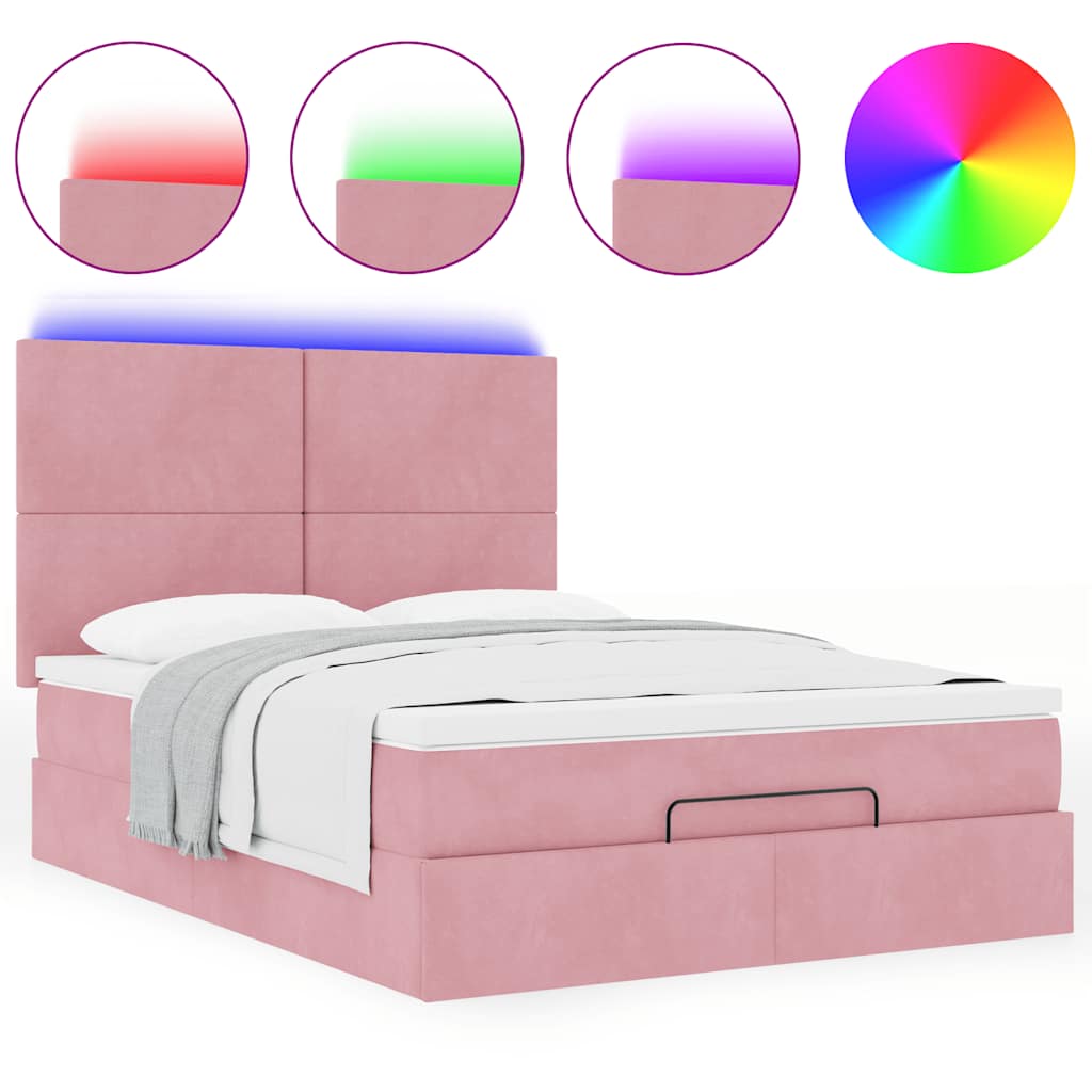 vidaXL Οθωμανικό κρεβάτι με στρώματα & LEDs Ροζ 140x190cm Βελούδο