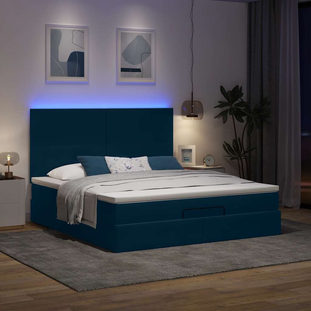 vidaXL Οθωμανικό κρεβάτι με στρώματα & LEDs Σκούρο μπλε Βελούδο