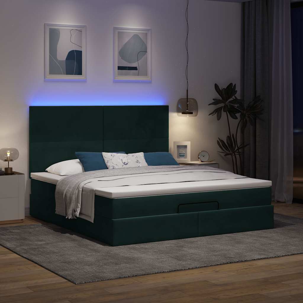 vidaXL Οθωμανικό κρεβάτι με στρώματα&LEDs Dark Green 180x200cm Velvet