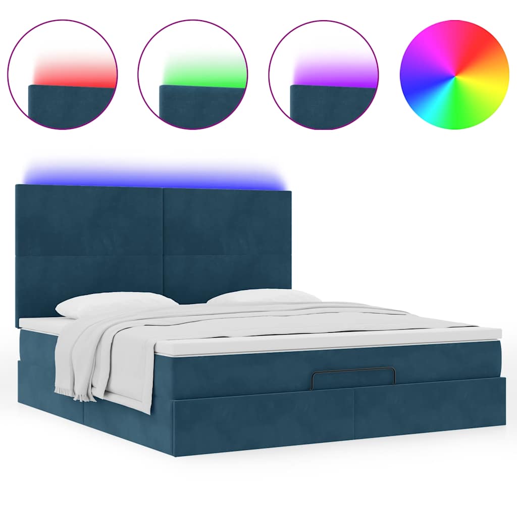 vidaXL Οθωμανικό κρεβάτι με στρώματα & LEDs Σκούρο μπλε Βελούδο