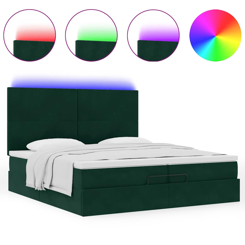 vidaXL Οθωμανικό κρεβάτι με στρώματα & LEDs Σκούρο πράσινο Βελούδο