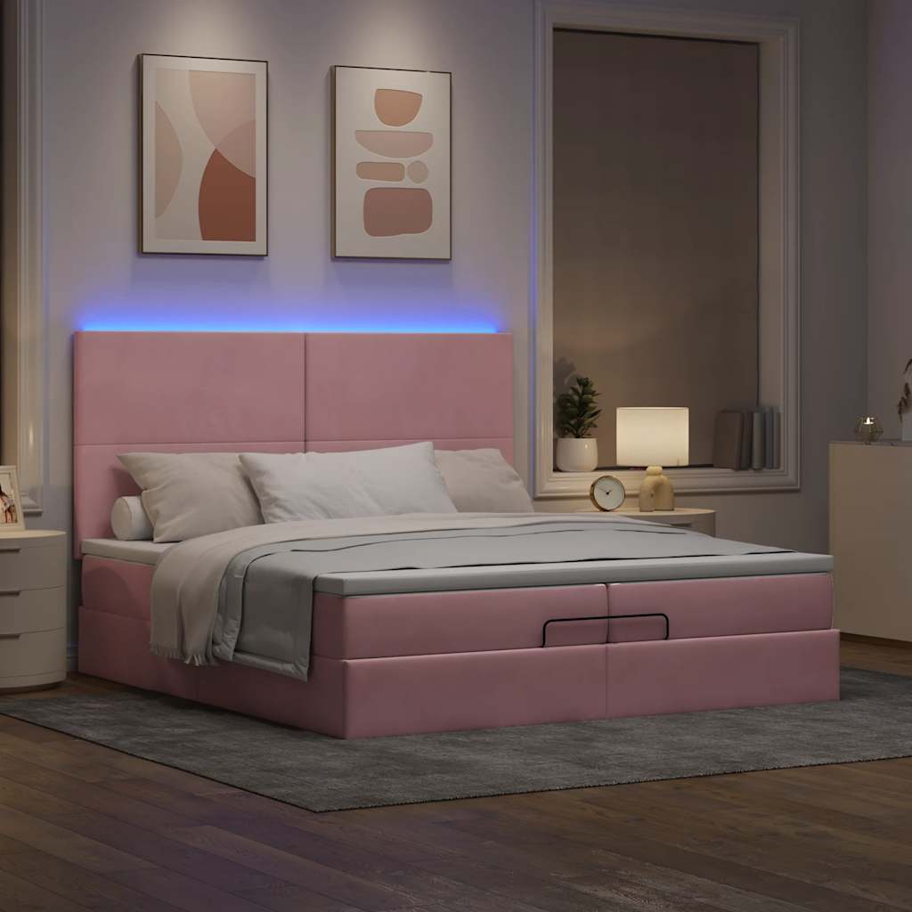 vidaXL Οθωμανικό κρεβάτι με στρώματα & LEDs Ροζ 200x200cm Velvet