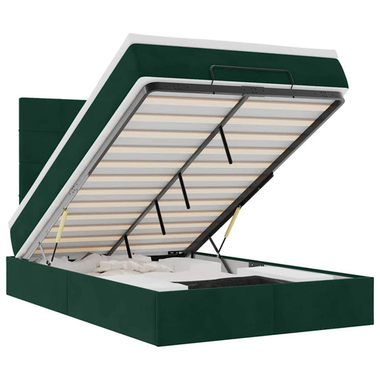 vidaXL Οθωμανικό κρεβάτι με στρώματα & LEDs Σκούρο πράσινο Βελούδο