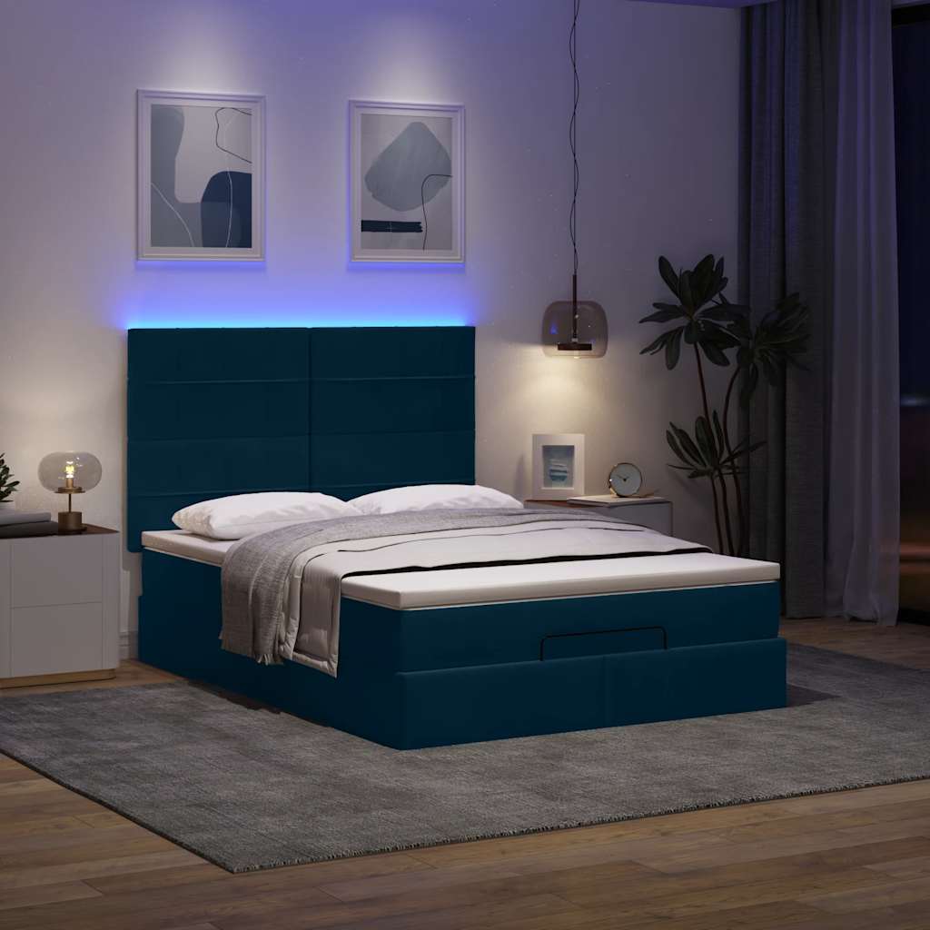 vidaXL Οθωμανικό κρεβάτι με στρώματα & LEDs Σκούρο μπλε Βελούδο