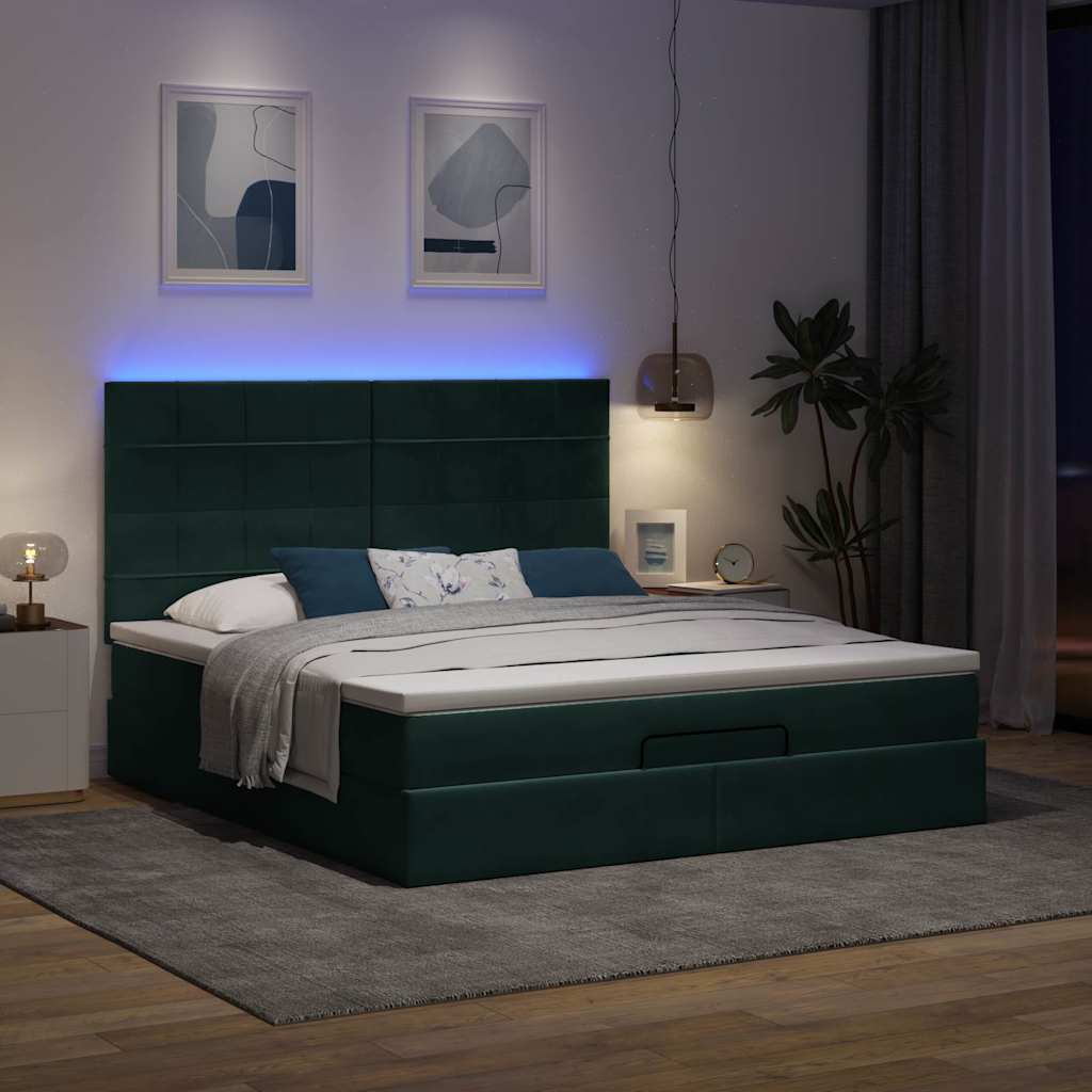 vidaXL Οθωμανικό κρεβάτι με στρώματα & LEDs Σκούρο πράσινο Βελούδο