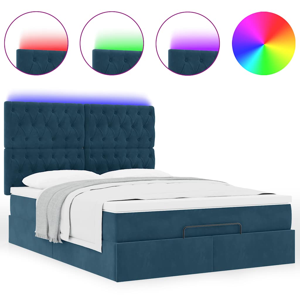 vidaXL Οθωμανικό κρεβάτι με στρώματα & LEDs Σκούρο μπλε Βελούδο