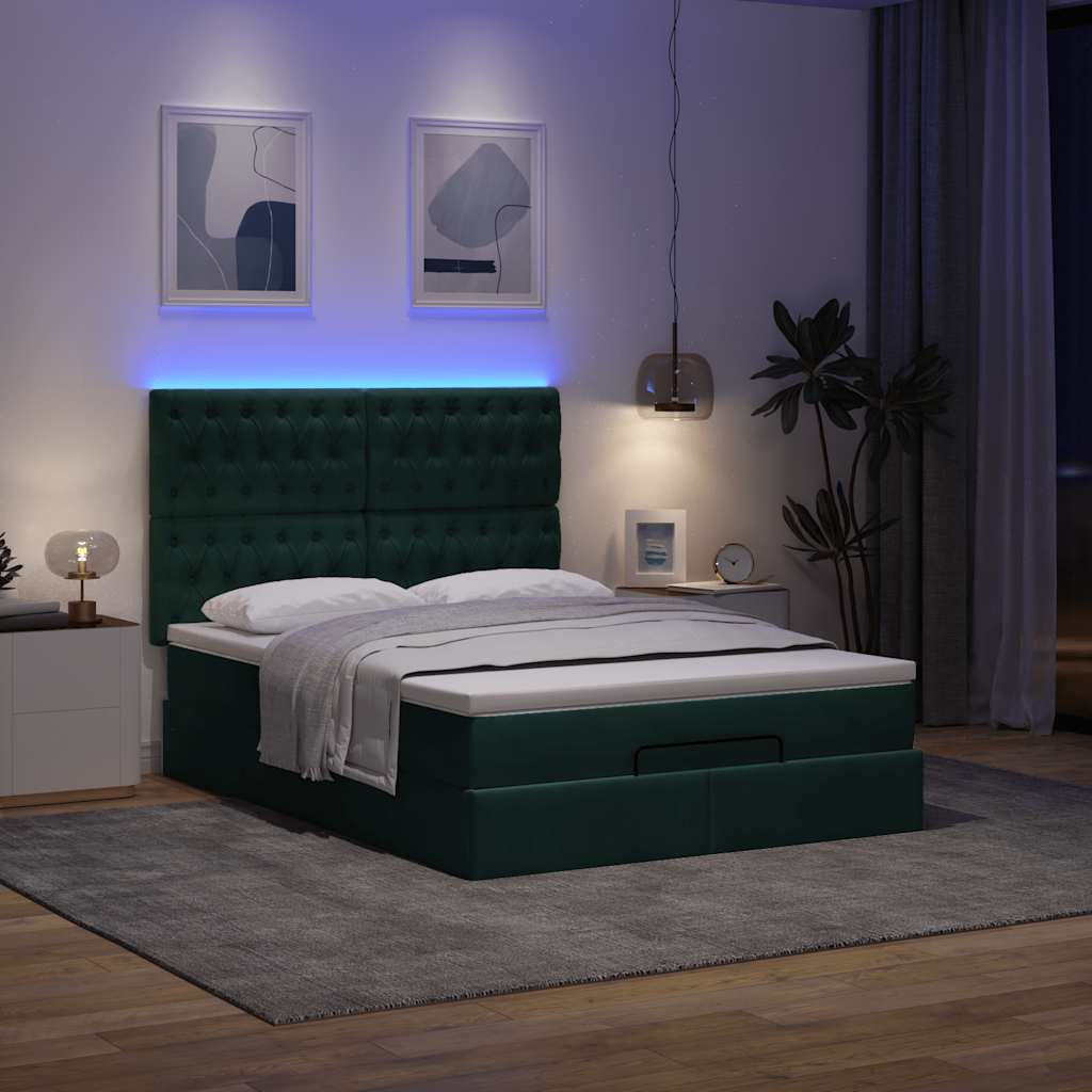 vidaXL Οθωμανικό κρεβάτι με στρώματα & LEDs Σκούρο πράσινο Βελούδο
