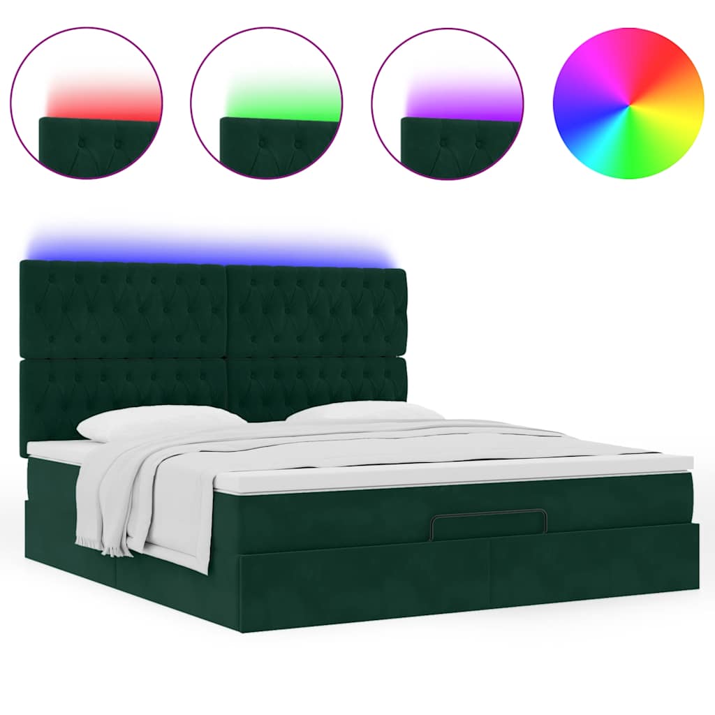 vidaXL Οθωμανικό κρεβάτι με στρώματα & LEDs Σκούρο πράσινο Βελούδο
