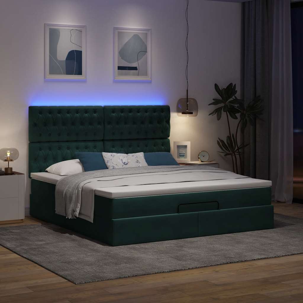 vidaXL Οθωμανικό κρεβάτι με στρώματα&LEDs Dark Green 180x200cm Velvet