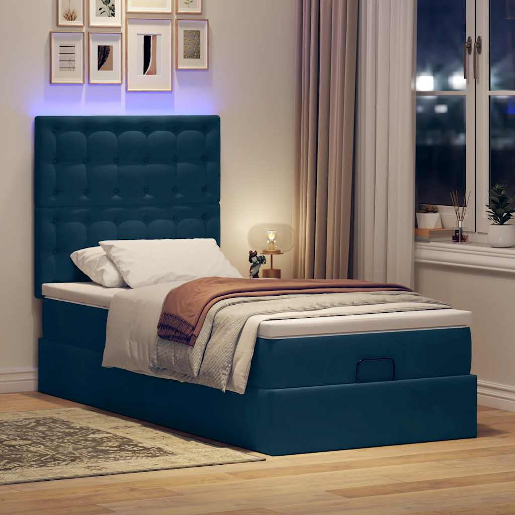 vidaXL Οθωμανικό κρεβάτι με στρώματα & LEDs Σκούρο μπλε Βελούδο