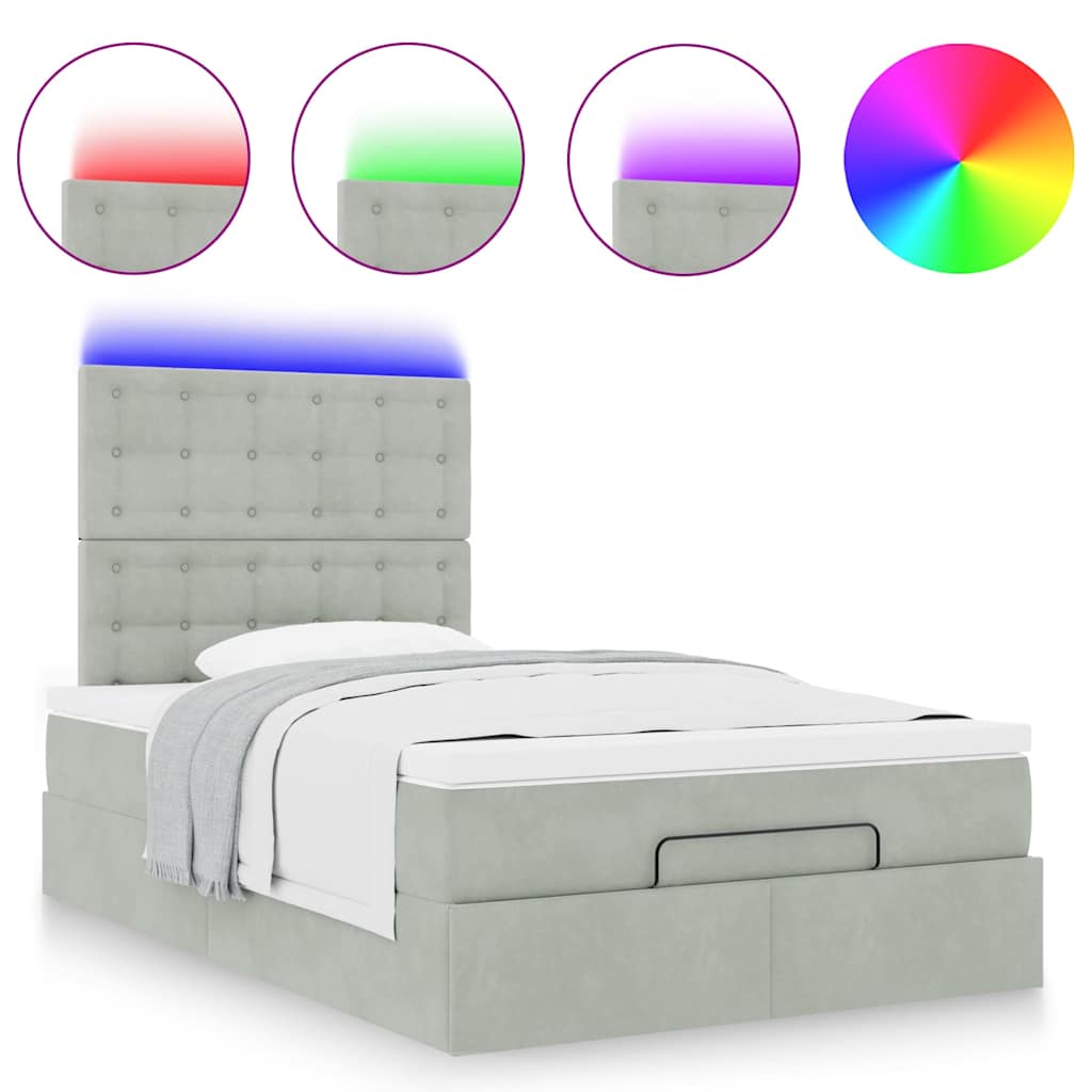 vidaXL Οθωμανικό κρεβάτι με στρώματα & LEDs Ανοιχτό γκρι Βελούδο