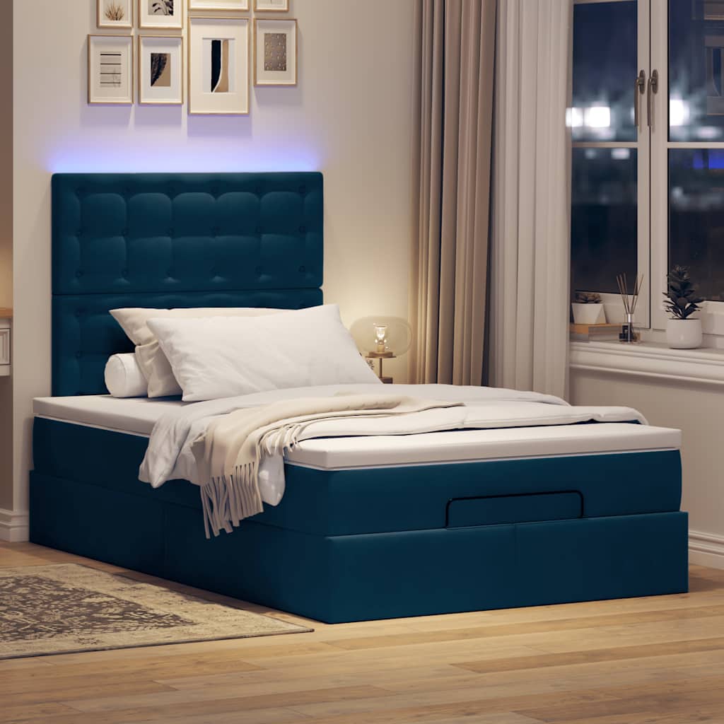 vidaXL Οθωμανικό κρεβάτι με στρώματα & LEDs Σκούρο μπλε Βελούδο
