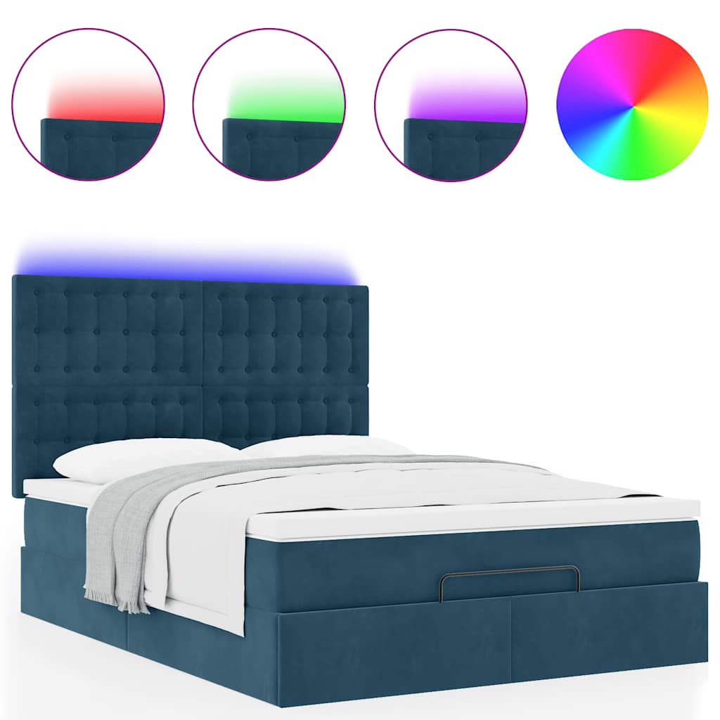 vidaXL Οθωμανικό κρεβάτι με στρώματα & LEDs Σκούρο μπλε Βελούδο