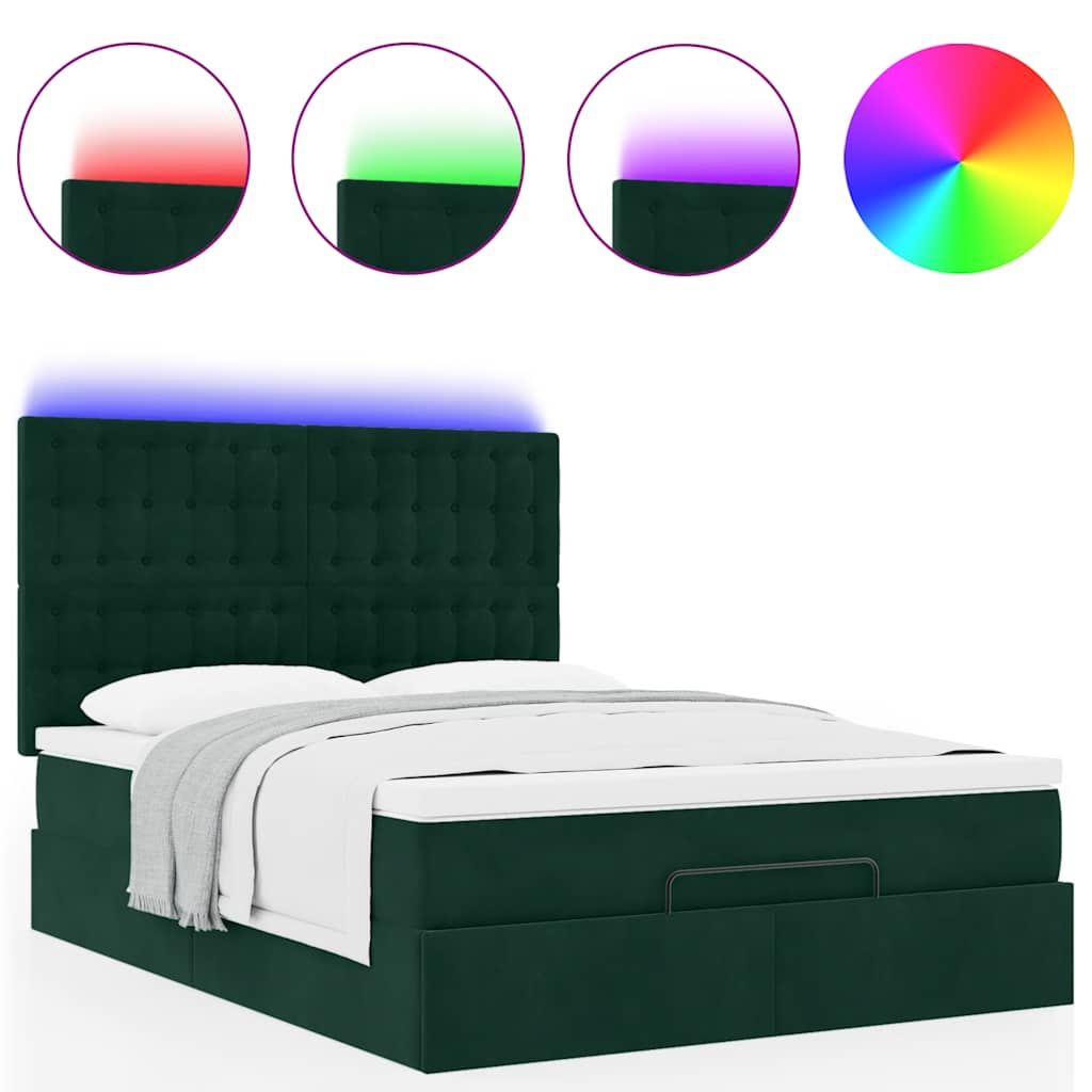 vidaXL Οθωμανικό κρεβάτι με στρώματα & LEDs Σκούρο πράσινο Βελούδο