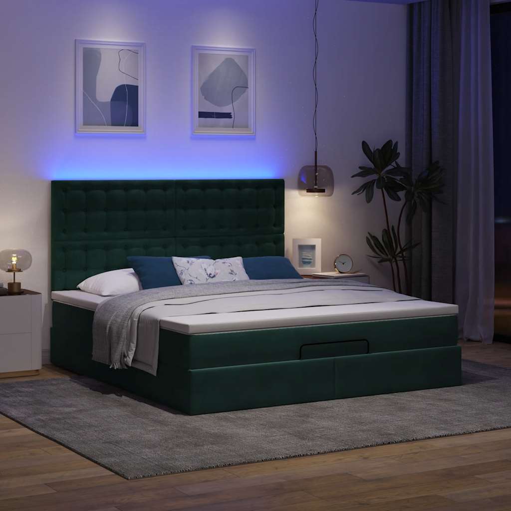 vidaXL Οθωμανικό κρεβάτι με στρώματα & LEDs Σκούρο πράσινο Βελούδο