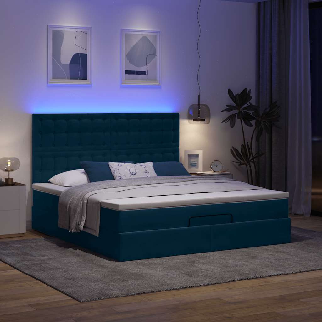 vidaXL Οθωμανικό κρεβάτι με στρώματα & LEDs Σκούρο μπλε Βελούδο