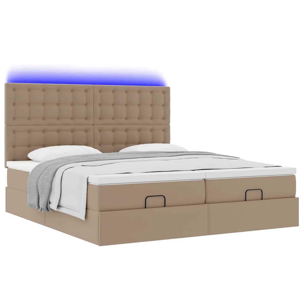 vidaXL Οθωμανικό κρεβάτι με στρώματα & LEDs Cappuccino Faux Leather