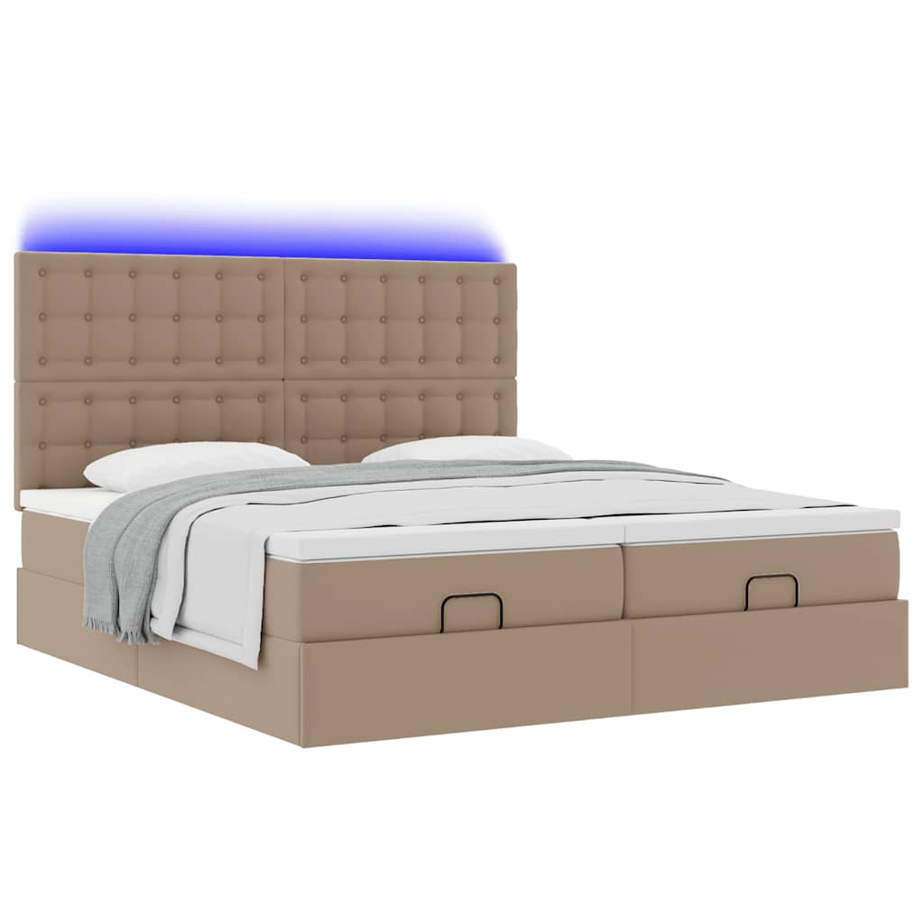 vidaXL Οθωμανικό κρεβάτι με στρώματα & LEDs Cappuccino Faux Leather