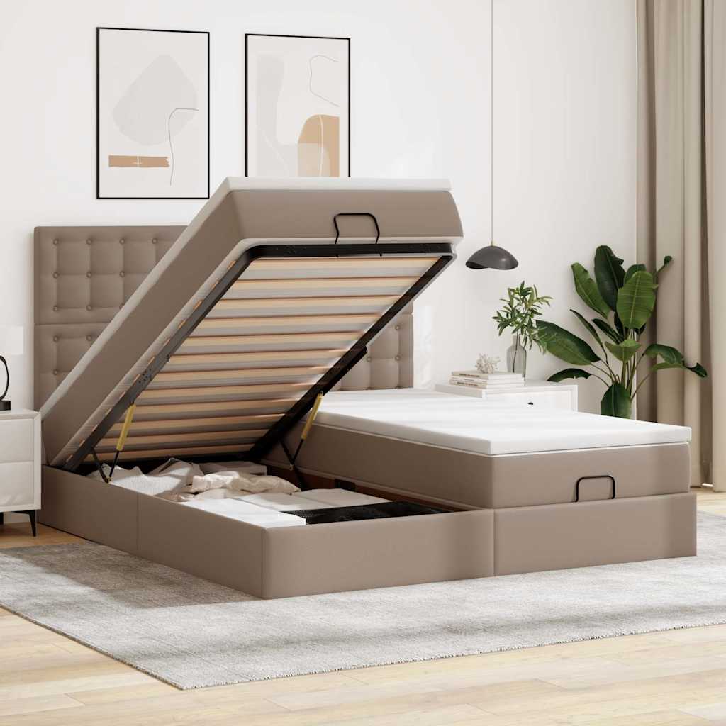vidaXL Οθωμανικό κρεβάτι με στρώματα & LEDs Cappuccino Faux Leather