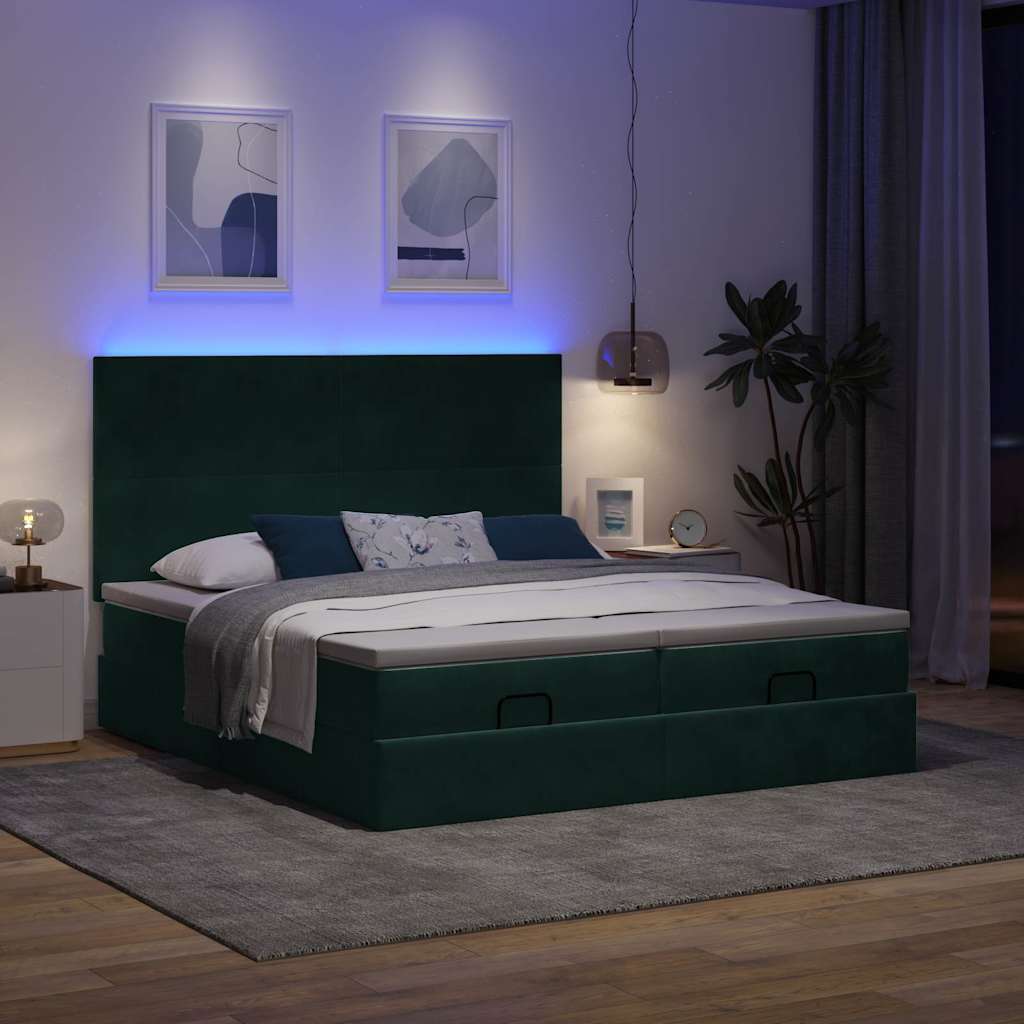 vidaXL Οθωμανικό κρεβάτι με στρώματα & LEDs Σκούρο πράσινο Βελούδο