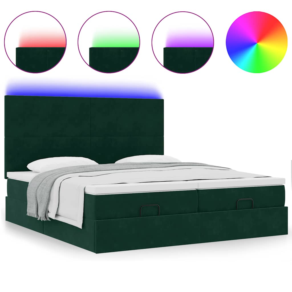 vidaXL Οθωμανικό κρεβάτι με στρώματα & LEDs Σκούρο πράσινο Βελούδο