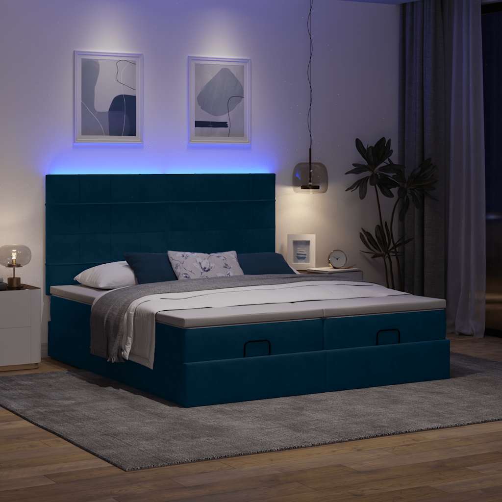 vidaXL Οθωμανικό κρεβάτι με στρώματα & LEDs Σκούρο μπλε Βελούδο