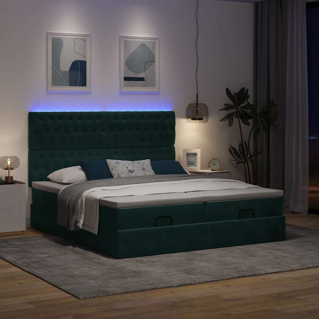 vidaXL Οθωμανικό κρεβάτι με στρώματα & LEDs Σκούρο πράσινο Βελούδο