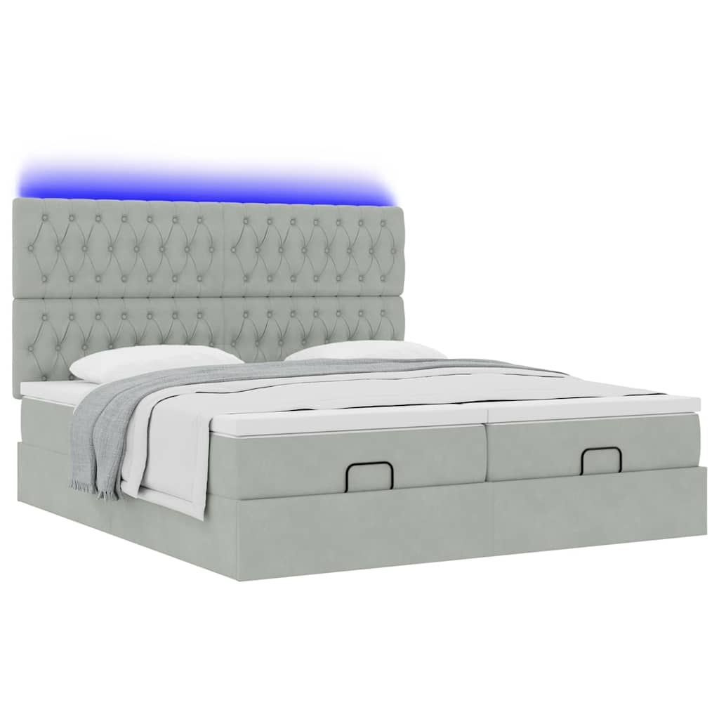 vidaXL Οθωμανικό κρεβάτι με στρώματα & LEDs Ανοιχτό γκρι Βελούδο