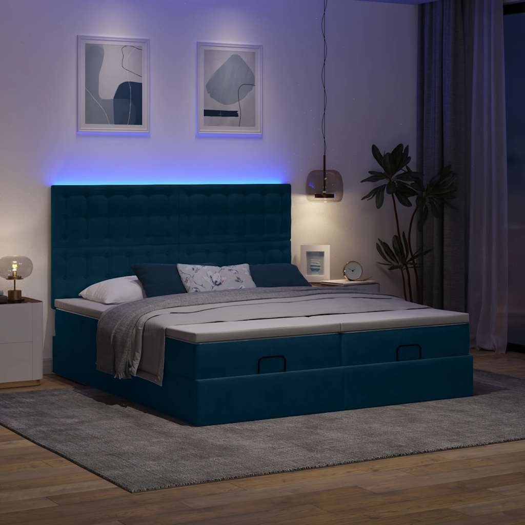 vidaXL Οθωμανικό κρεβάτι με στρώματα & LEDs Σκούρο μπλε Βελούδο