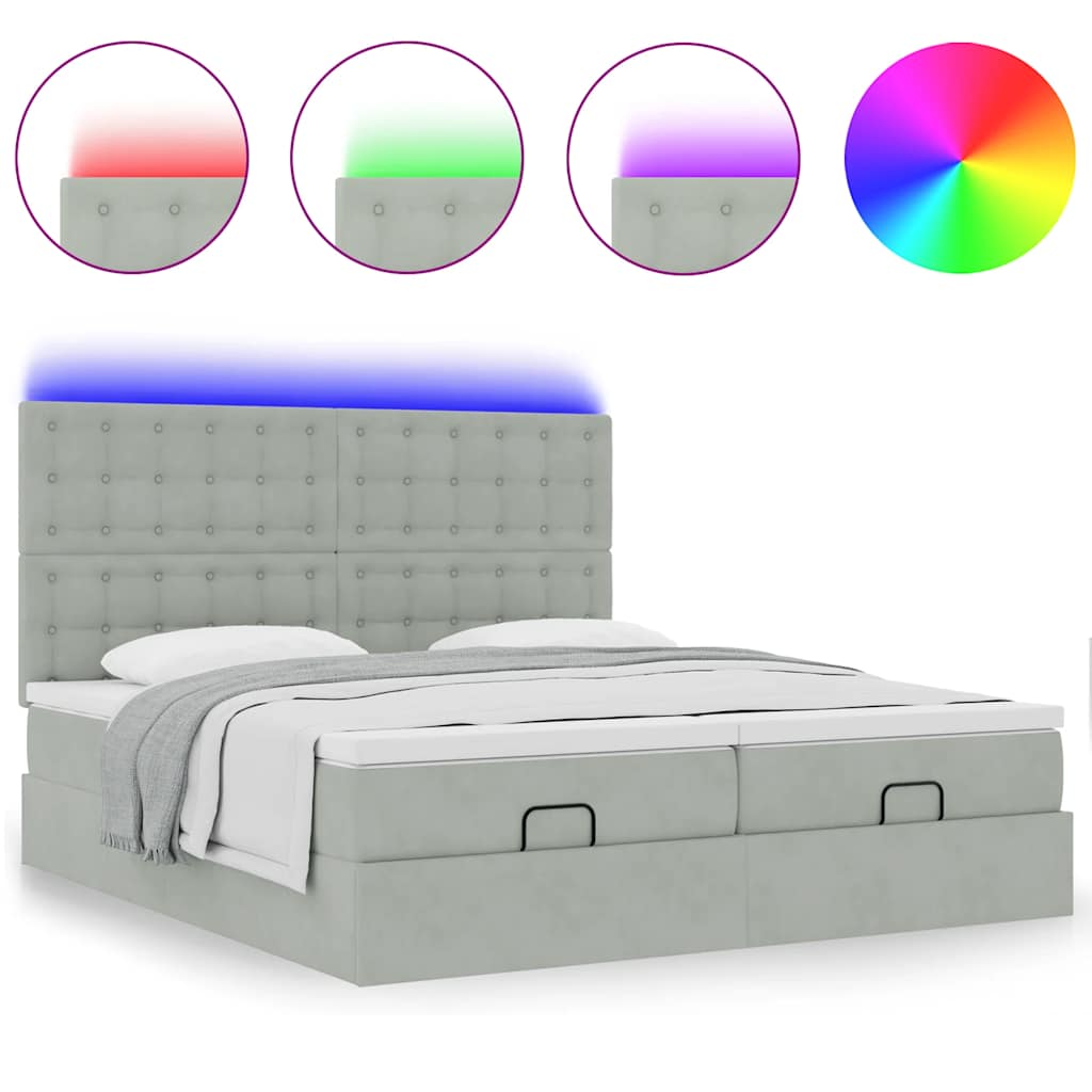 vidaXL Οθωμανικό κρεβάτι με στρώματα & LEDs Ανοιχτό γκρι Βελούδο