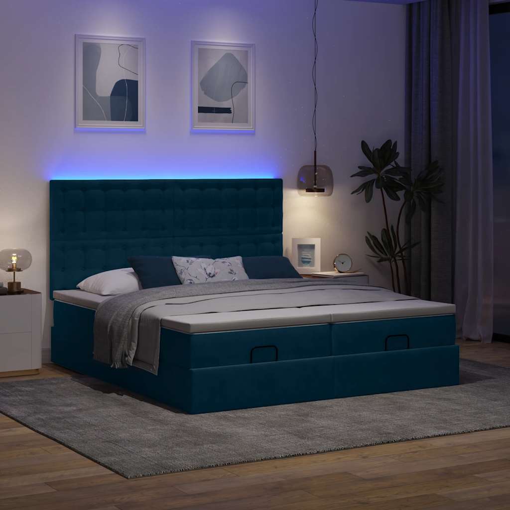 vidaXL Οθωμανικό κρεβάτι με στρώματα & LEDs Σκούρο μπλε Βελούδο