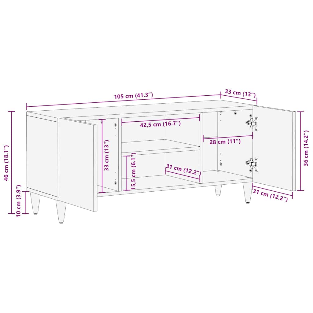 vidaXL Ντουλάπι TV με ράφι Μαύρο 105 x 33 x 46 εκ. Στερεό ξύλο μάνγκο