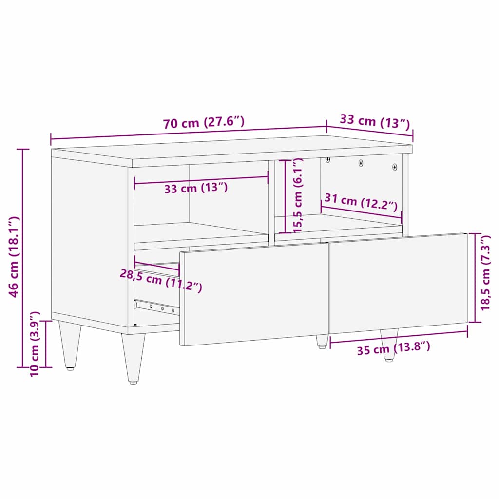 vidaXL Ντουλάπι TV με συρτάρι Μαύρο 70 x 33 x 46 εκ Στερεό ξύλο μάνγκο