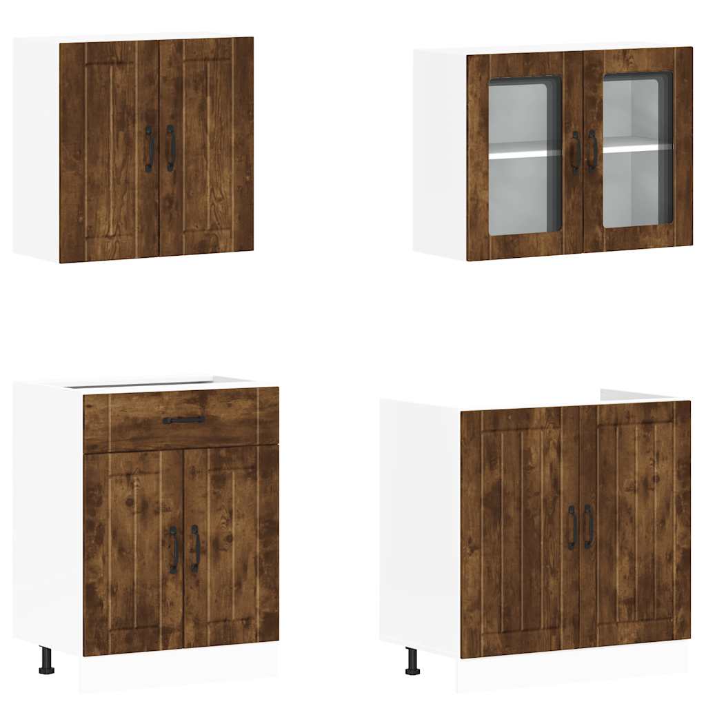 vidaXL Σετ Ντουλαπιών Κουζίνας 4 Τεμαχίων "Lucca" από Καπνιστή Δρυ και Μηχανικά Απορροφημένο Ξύλο