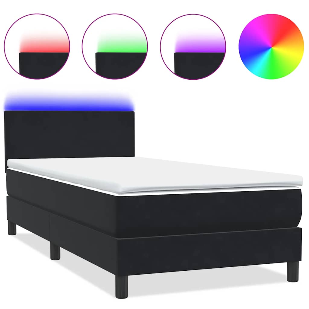 vidaXL Κρεβάτι Boxspring με Στρώμα & LED Μαύρο 90x210 εκ. Βελούδινο